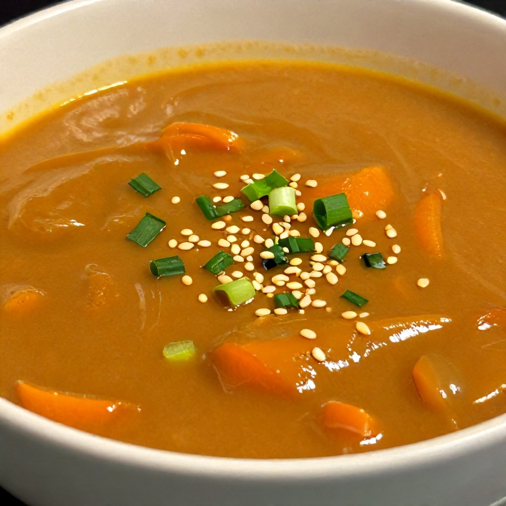 A steaming bowl of Spicy Miso Carrot Soup garnished with green onions and sesame oil