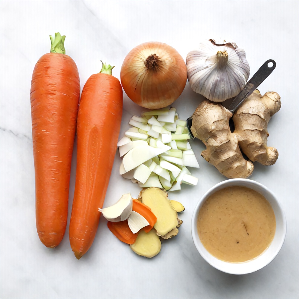 Raw ingredients for Spicy Miso Carrot Soup including carrots, onions, garlic, ginger, and white miso paste