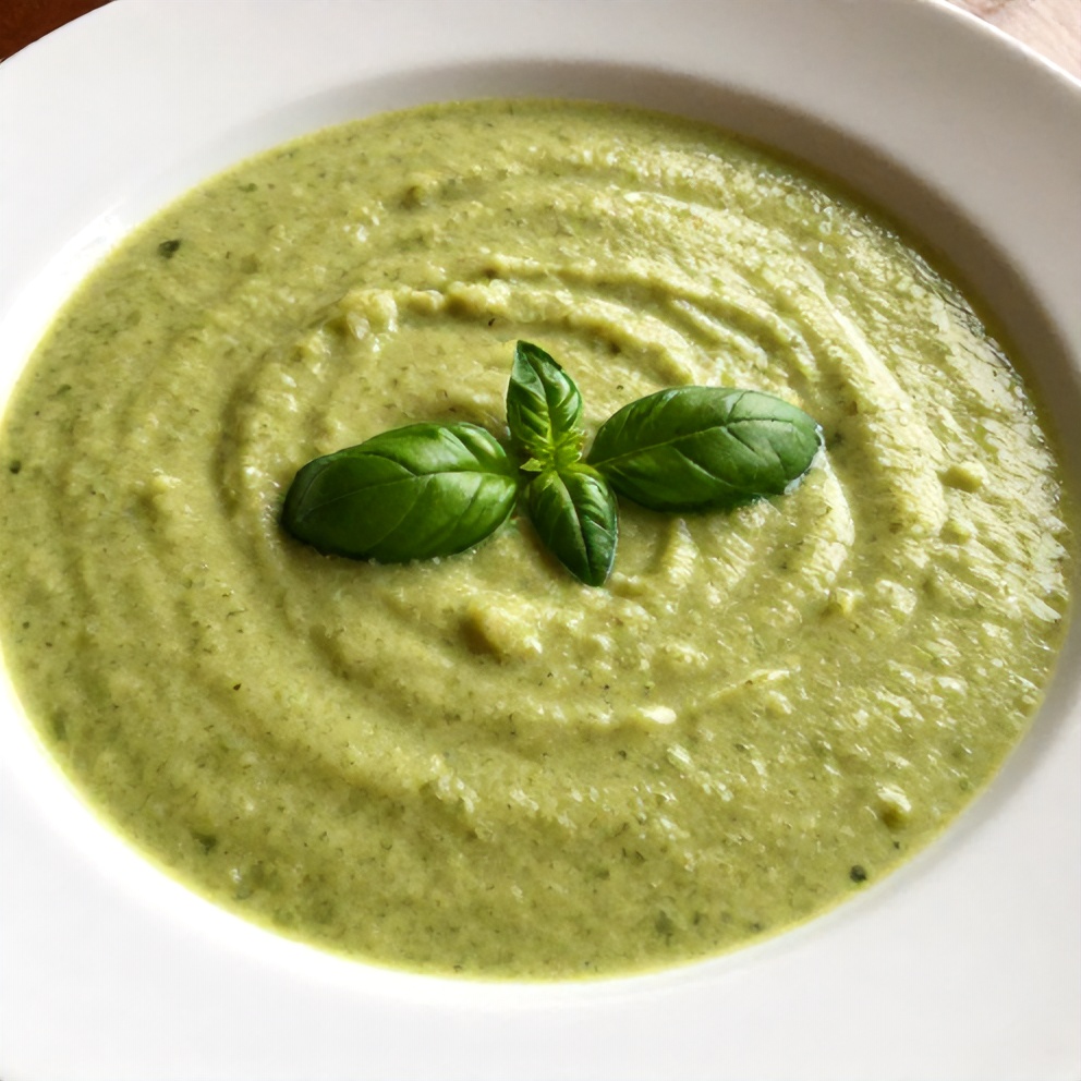 Bowl of creamy zucchini basil soup with a sprinkle of fresh basil