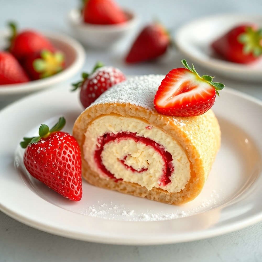 Strawberry Cheesecake Breakfast Roll on a plate with a fork