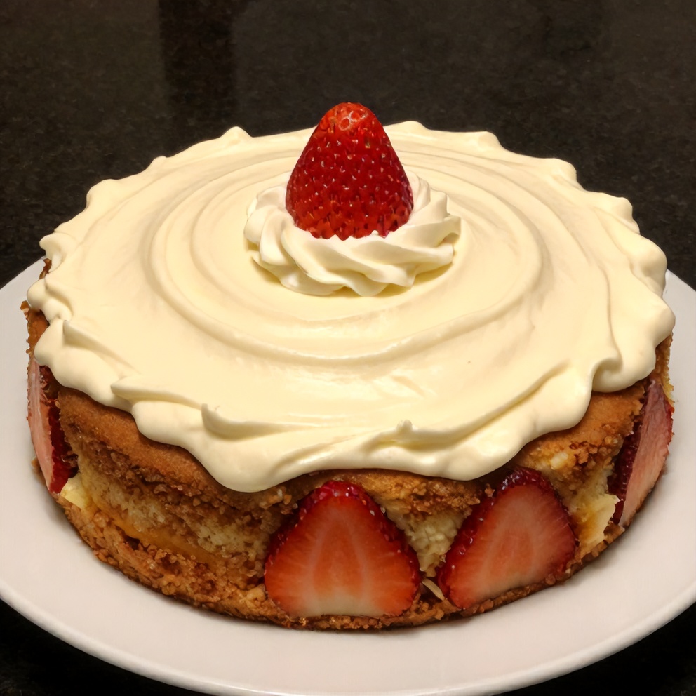 Strawberry Earthquake Cake with whipped cream and a strawberry on top
