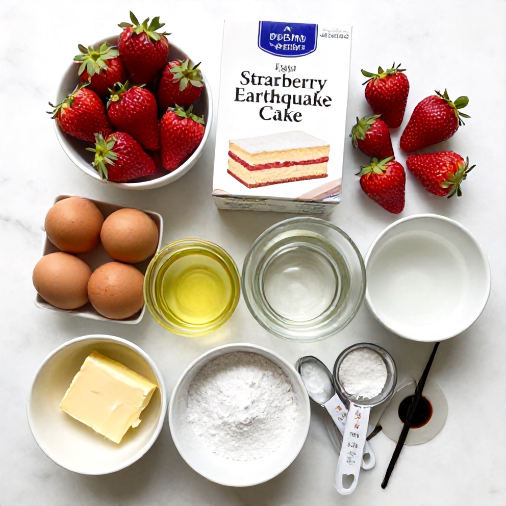 Strawberry Earthquake Cake ingredients on a marble surface