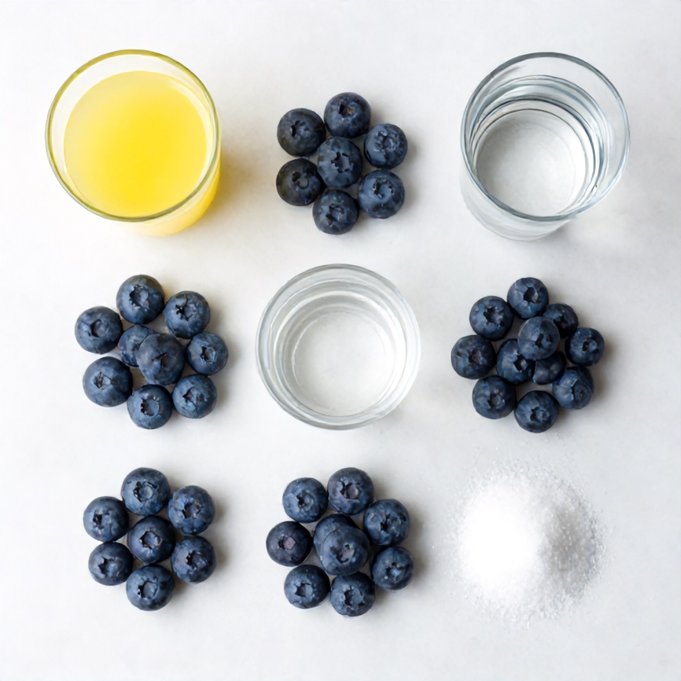 Blueberries, lemon juice, water, and sugar-free sweetener arranged in an overhead flat lay on a white marble surface