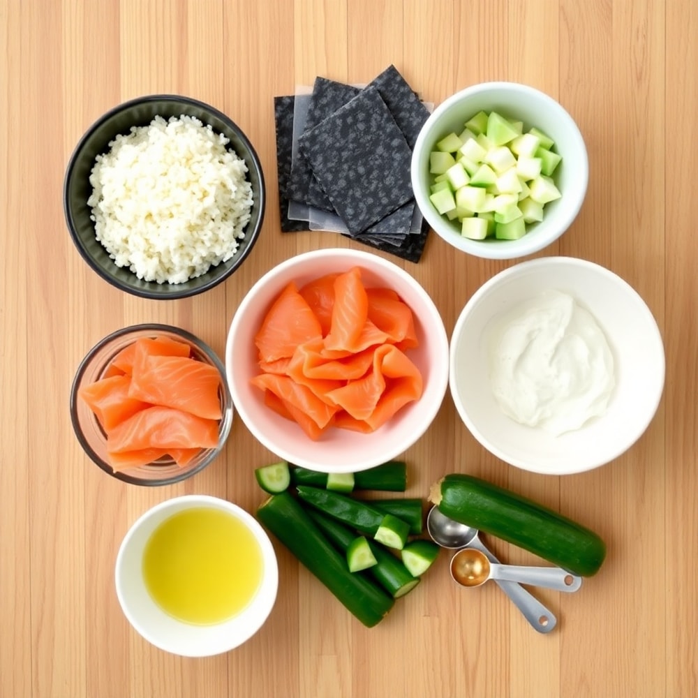 Raw ingredients for Easy Sushi Bake laid out on a wooden surface