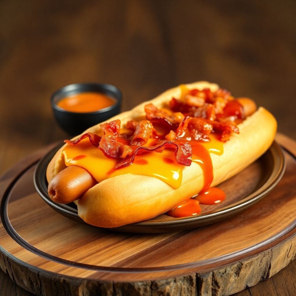 Plated firecracker hot dog with toppings