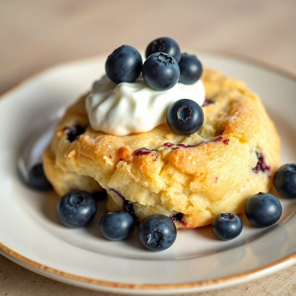 Fluffy Blueberry Cloud Bread with a dollop of Greek yogurt and a handful of fresh blueberries