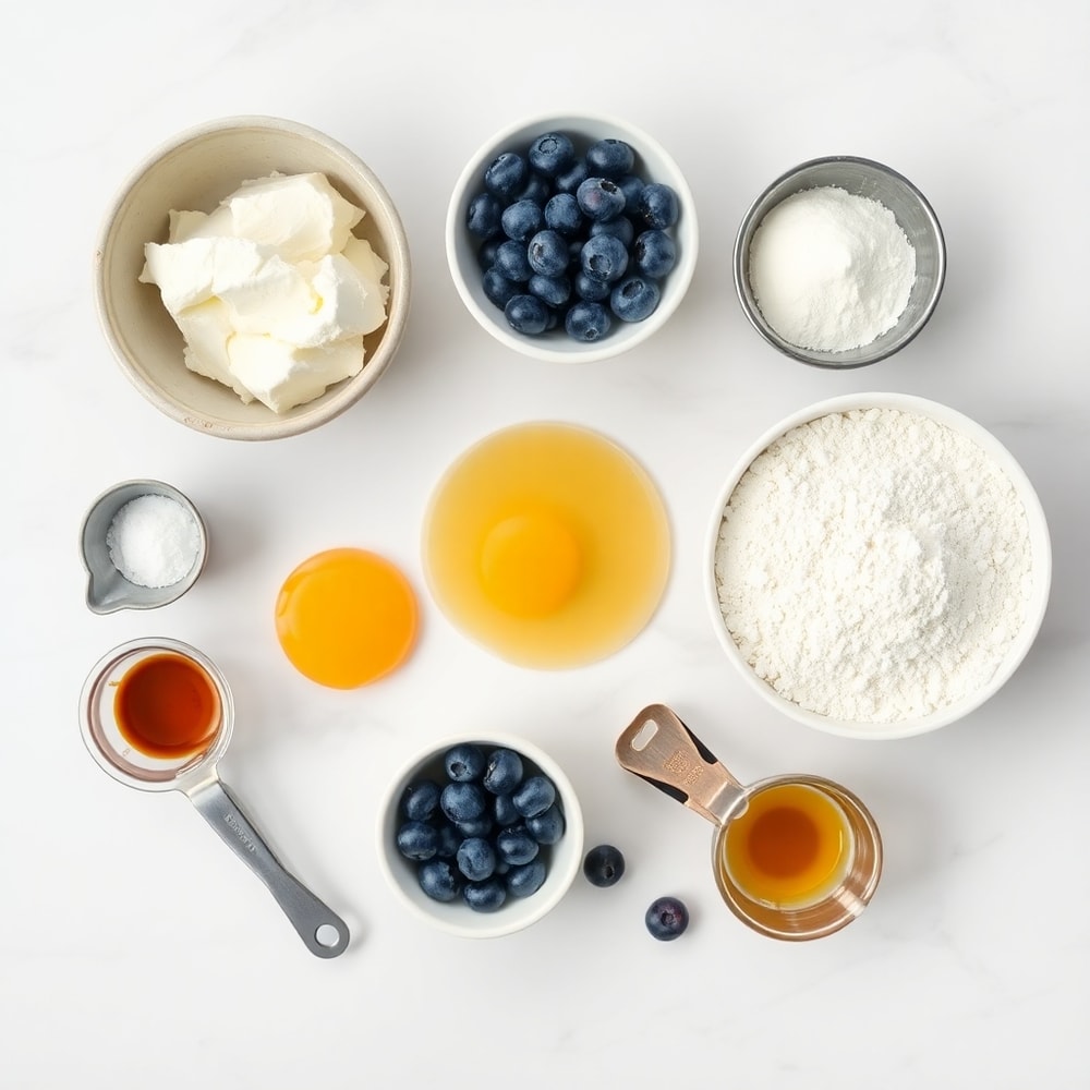 Blueberries, cottage cheese, eggs, almond flour, baking powder, salt, and vanilla extract on a white marble surface
