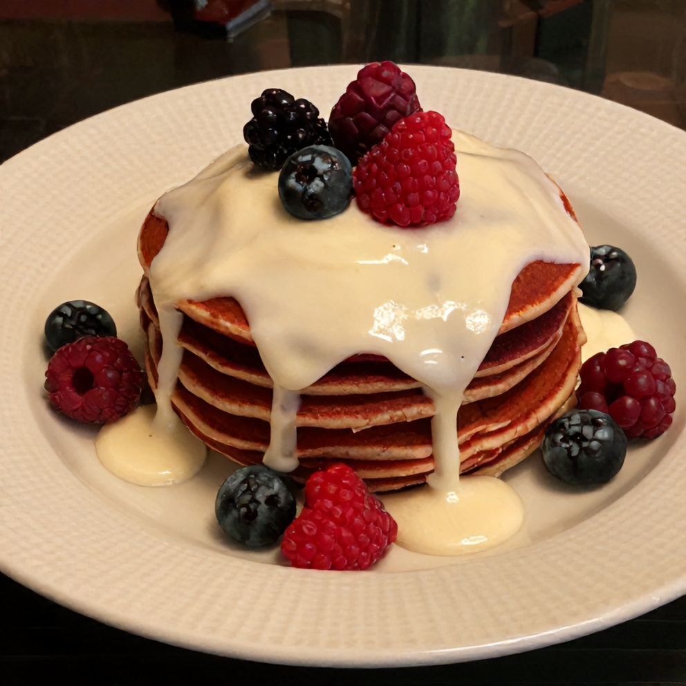 Plated red velvet pancakes with cream cheese glaze