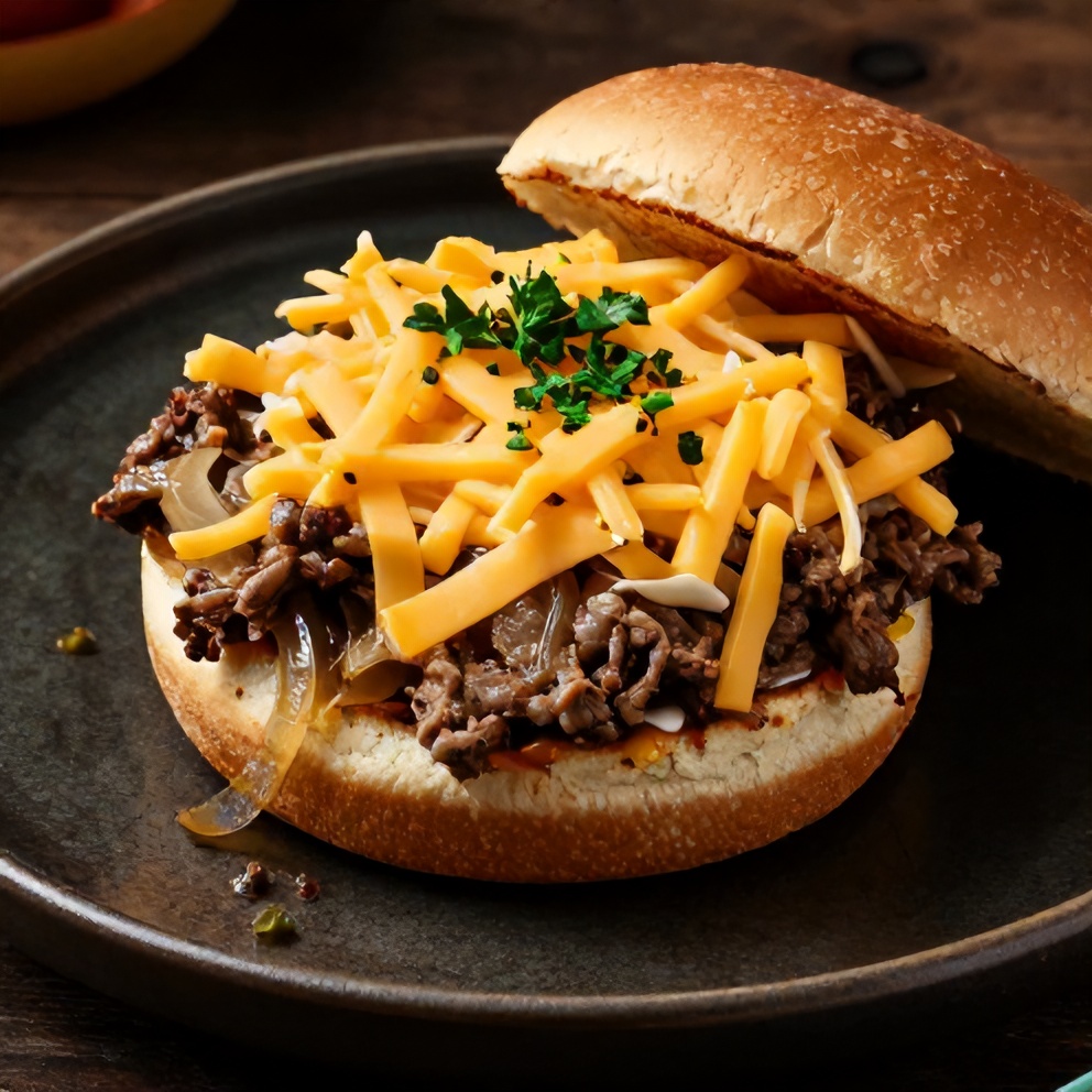 French Onion Beef Sloppy Joes on a bun with melted cheese