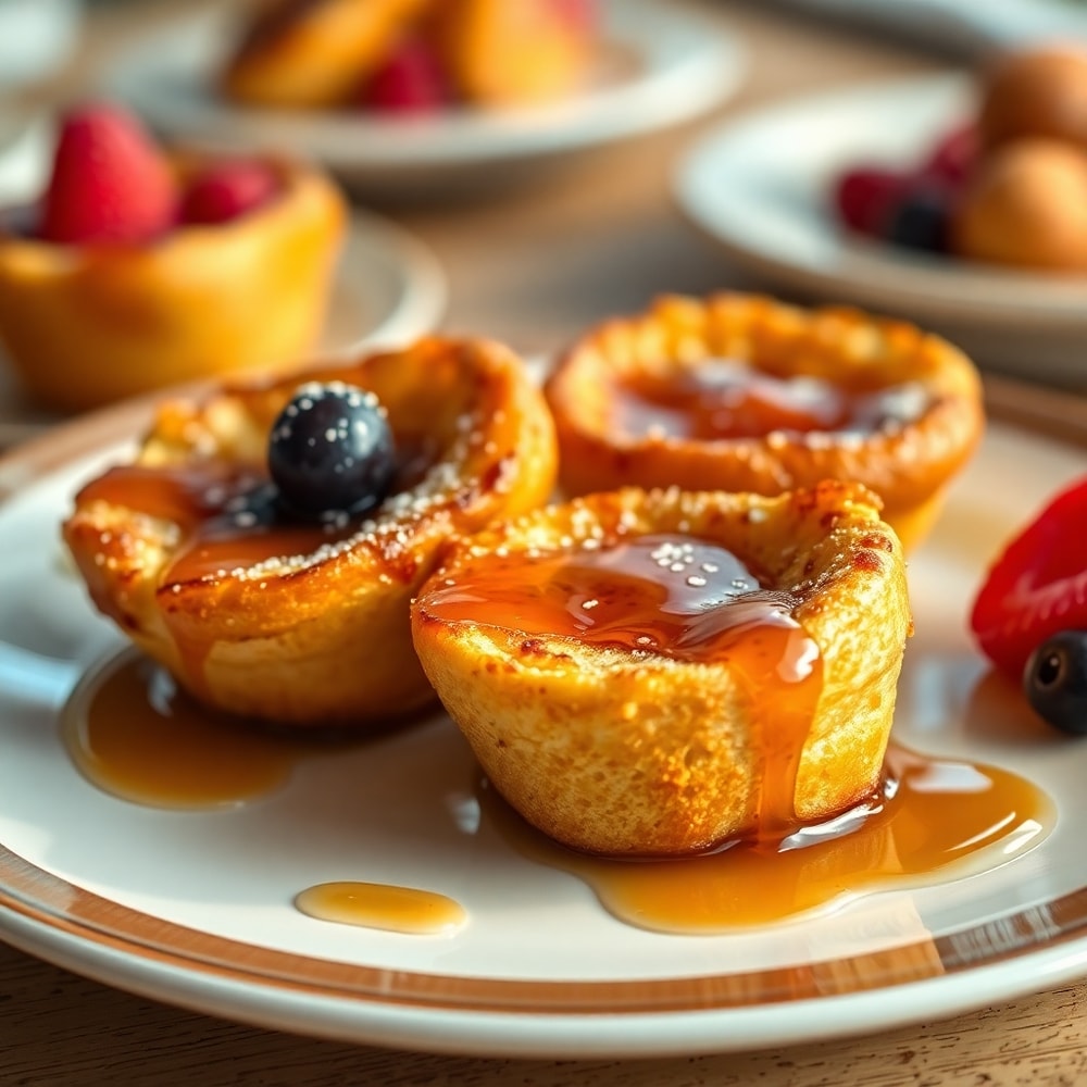 French toast cups on a plate with syrup
