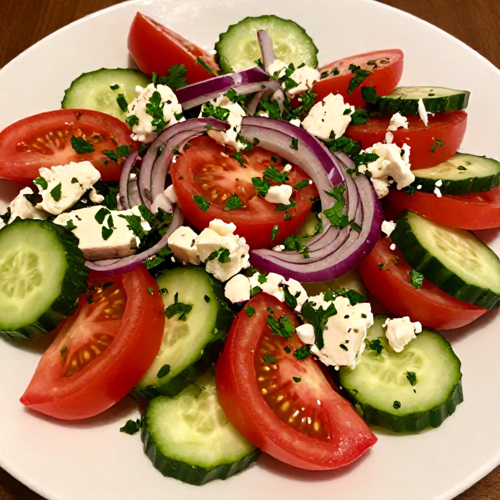 Fresh cucumber tomato feta salad with a sprinkle of fresh parsley