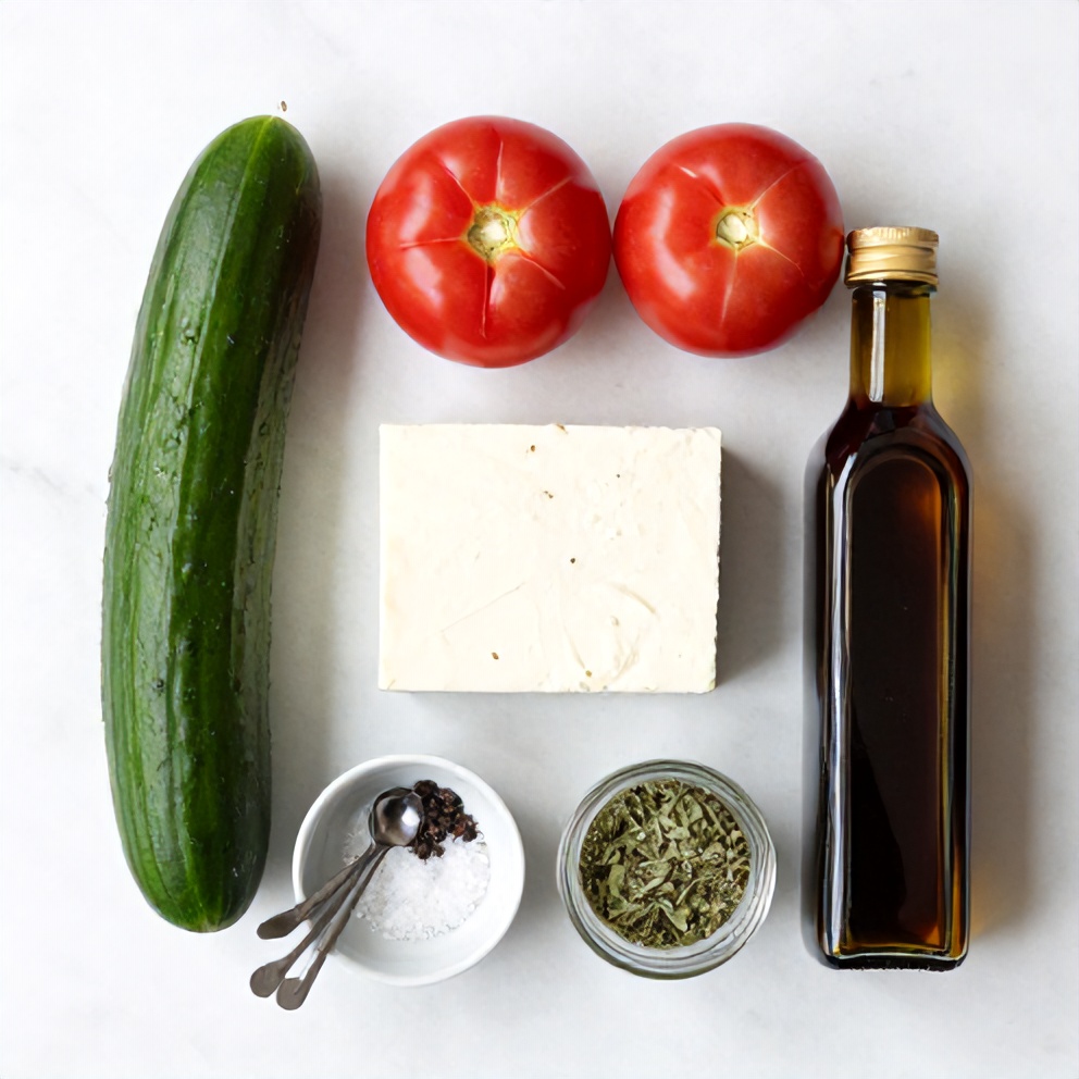Raw ingredients for fresh cucumber tomato feta salad on a marble surface