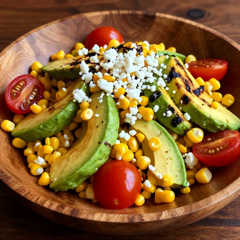 Plated fresh grilled corn avocado salad with cherry tomatoes