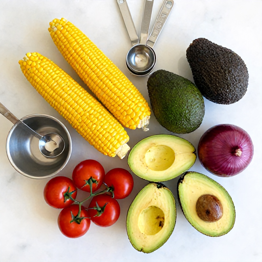 Raw ingredients for fresh grilled corn avocado salad