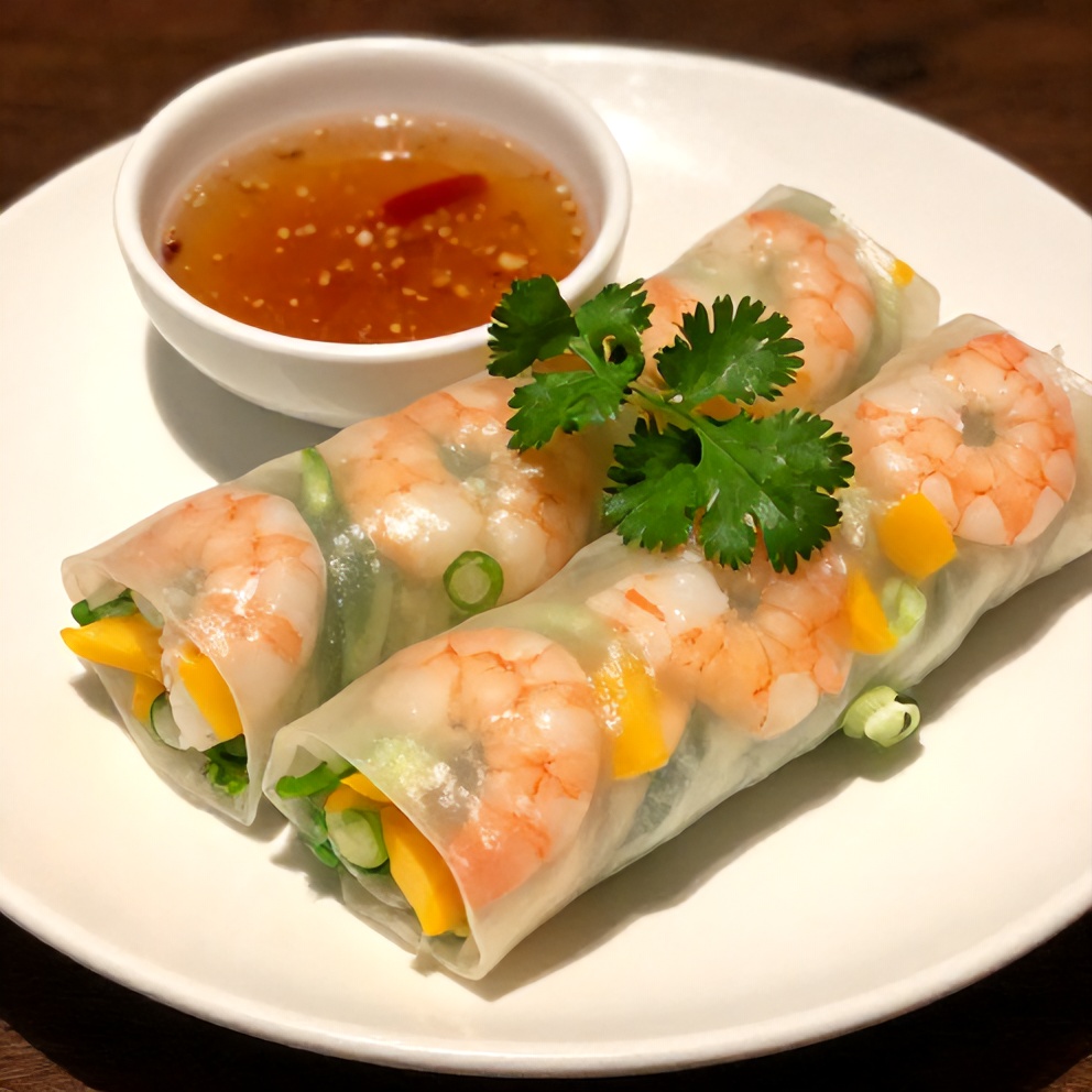 Plated Fresh Mango Shrimp Summer Rolls with a side of tangy dipping sauce