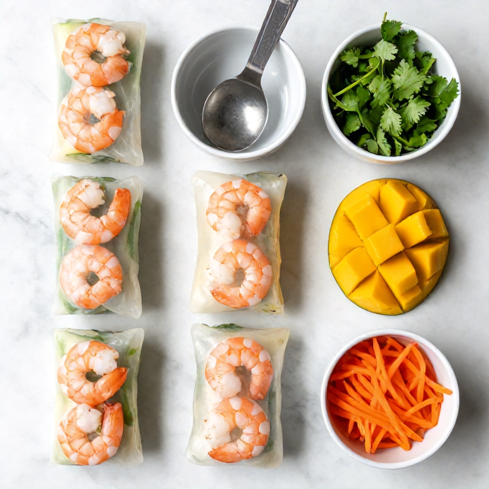 Raw ingredients for Fresh Mango Shrimp Summer Rolls on a marble surface