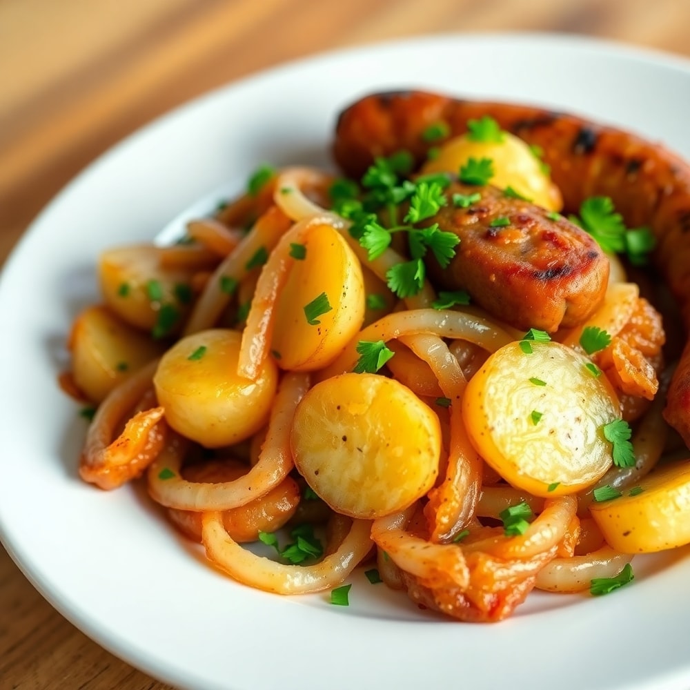 Plated fried potatoes, onions, and Polish sausage