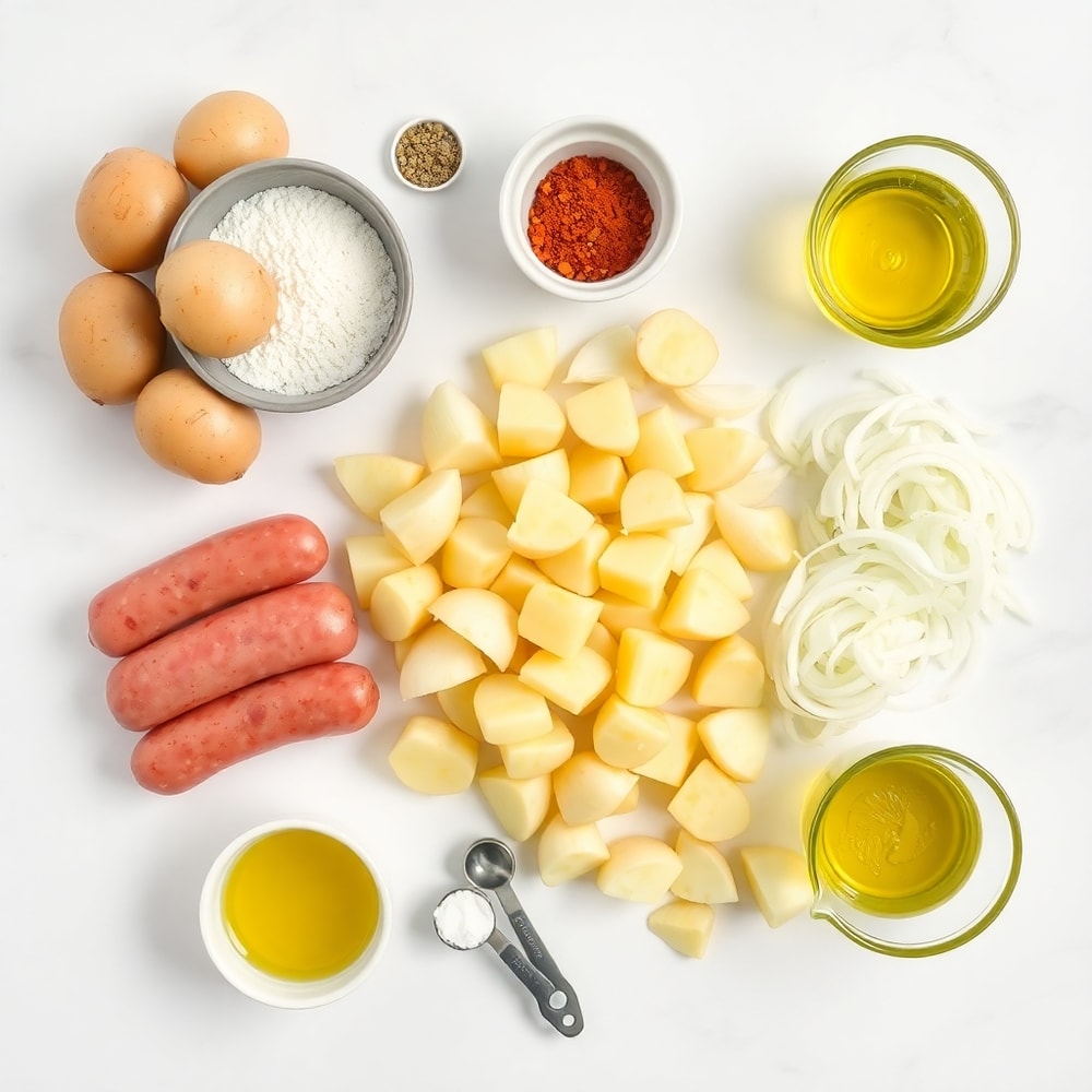 Raw ingredients for fried potatoes, onions, and Polish sausage