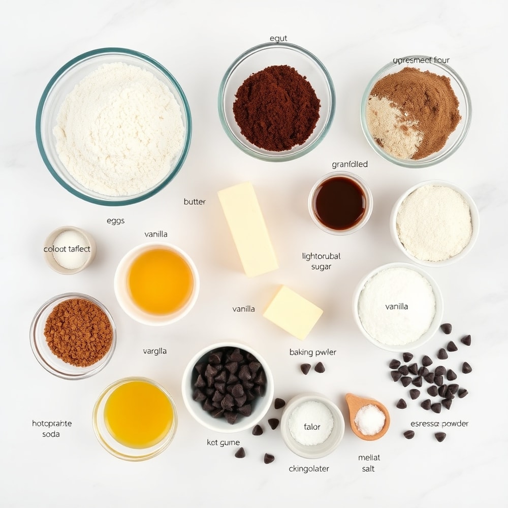 Chocolate chips, flour, sugar, eggs, and cocoa powder arranged on a marble surface