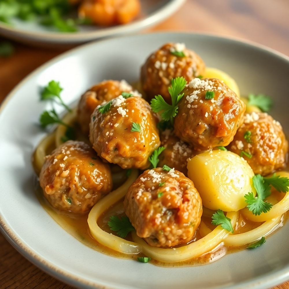 Garlic Butter Meatballs and Potatoes plated