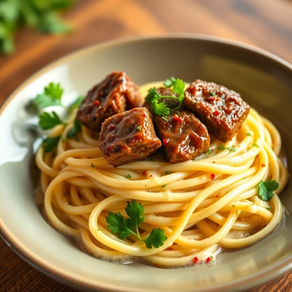 Parmesan Cream Pasta with Garlic Butter Steak Bites