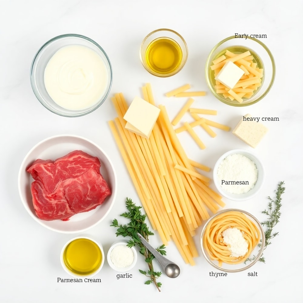 Raw ingredients for Garlic Butter Steak Bites with Parmesan Cream Pasta