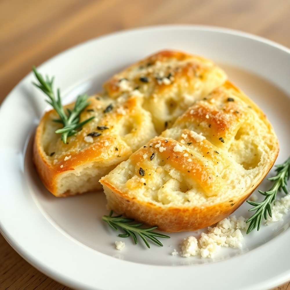 Garlic Parmesan Focaccia sliced and served with olive oil for dipping