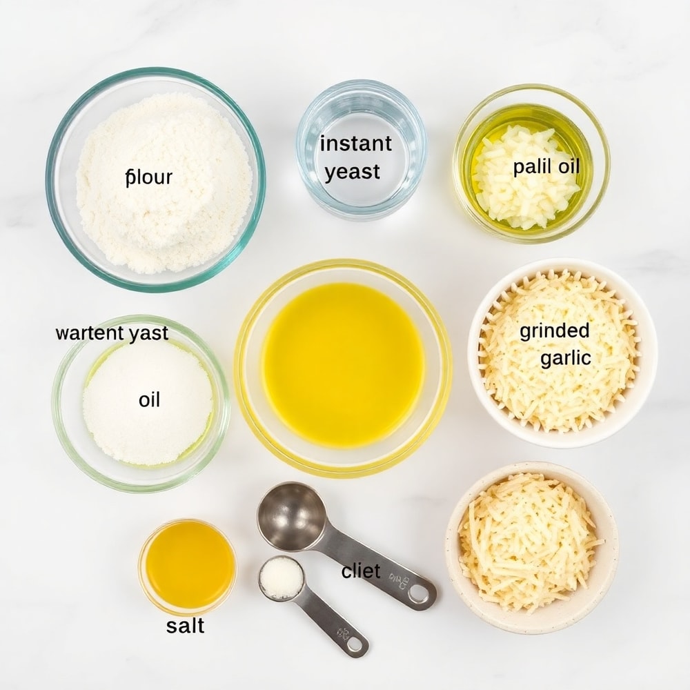 Garlic Parmesan Focaccia ingredients including flour, yeast, garlic, parmesan cheese, and olive oil