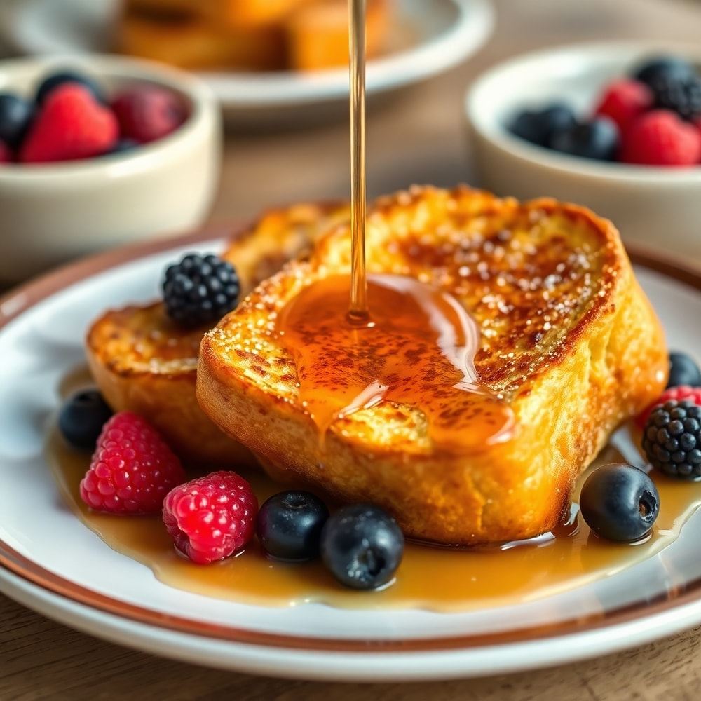 Plated Golden French Toast with syrup