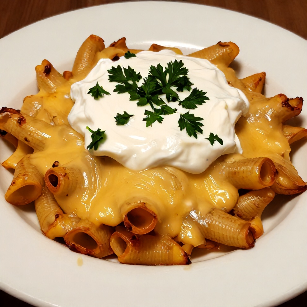 Plated serving of Greek Yogurt Mac & Cheese on a white plate, garnished with fresh parsley