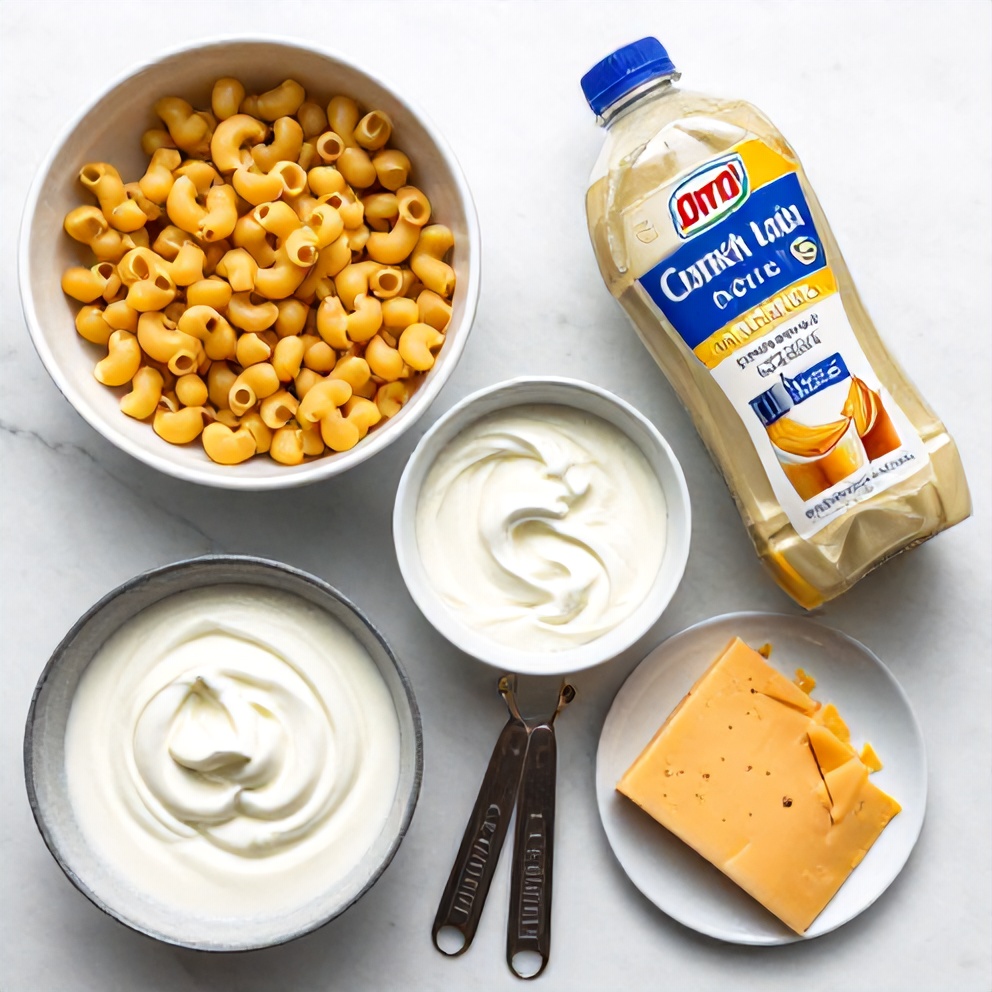 Raw ingredients for Greek Yogurt Mac & Cheese in an overhead flat lay, including pasta, Greek yogurt, and cheddar cheese