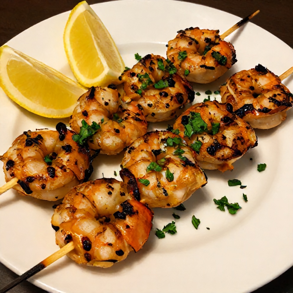 Plated Grilled Bang Bang Shrimp Skewers with lemon wedges
