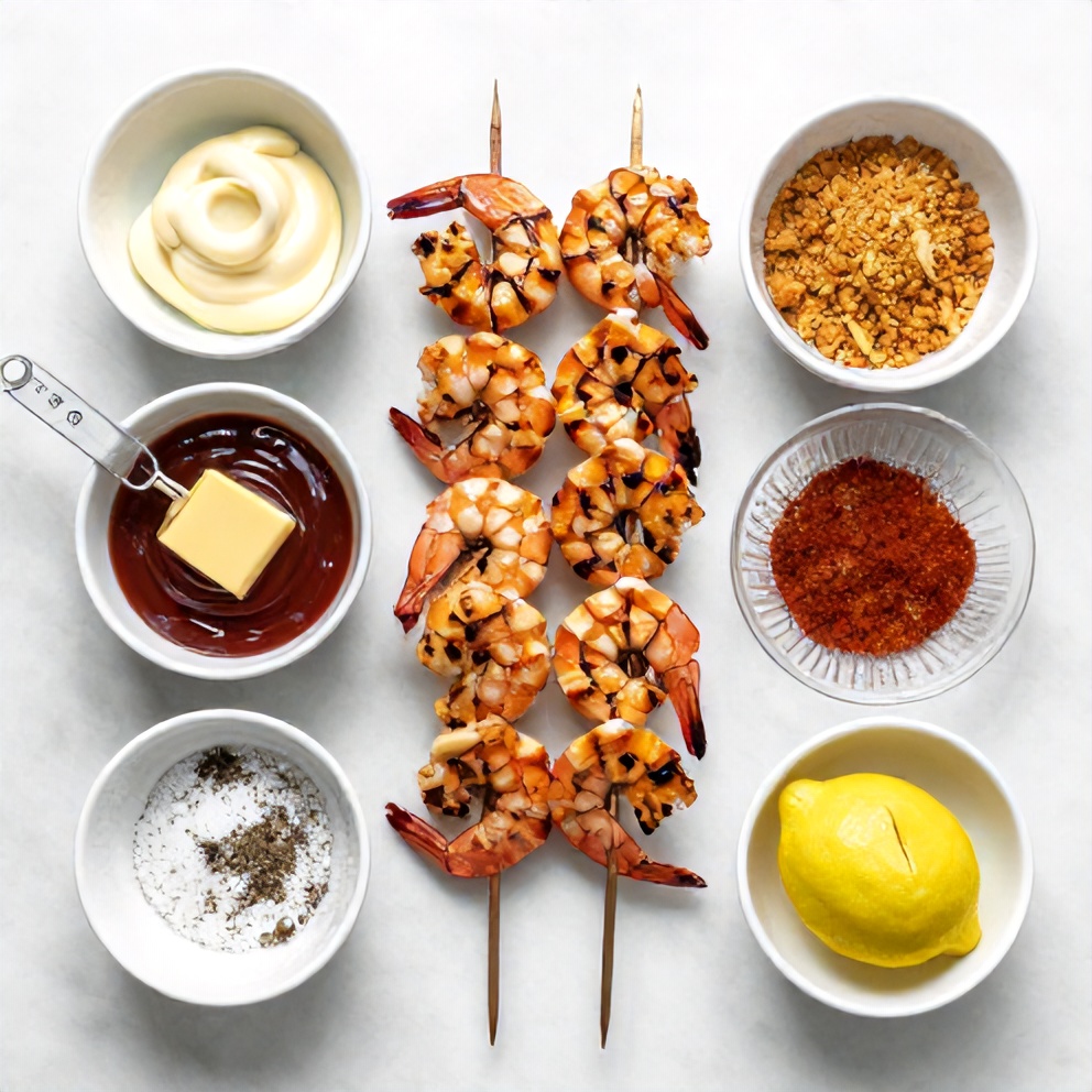 Raw ingredients for Grilled Bang Bang Shrimp Skewers on a marble surface