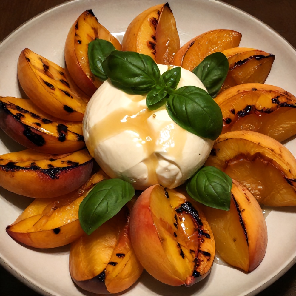 Plated Grilled Peach and Burrata Salad