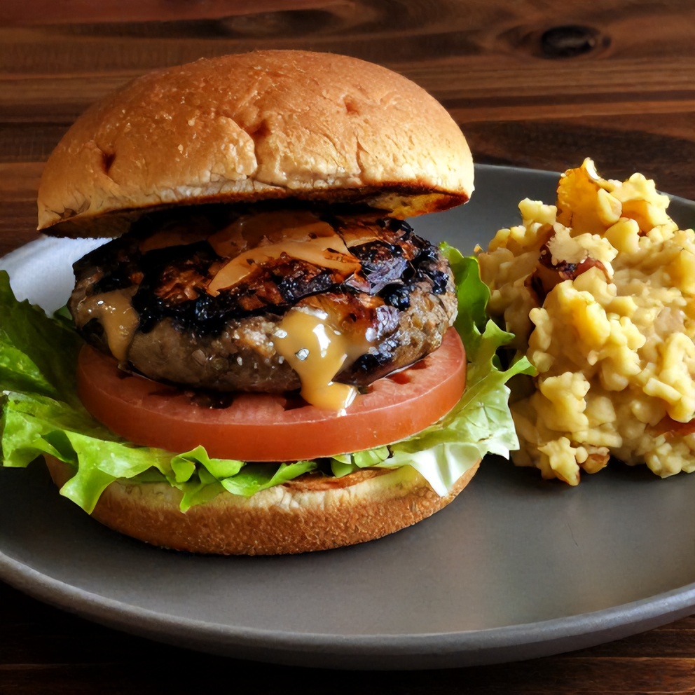 Plated Grilled Portobello Mushroom Burger with lettuce, tomato, and a side of mashed potatoes