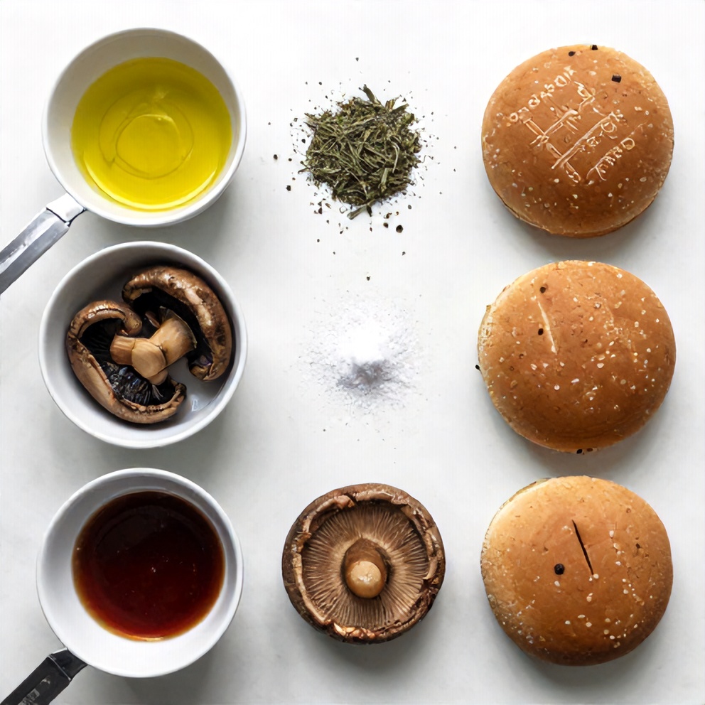 Raw ingredients for Grilled Portobello Mushroom Burgers including mushrooms, buns, and seasonings