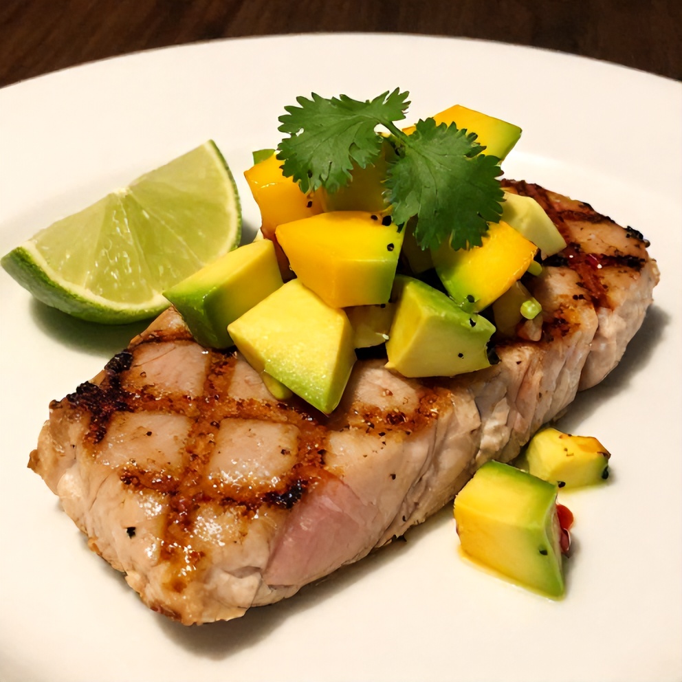 Plated grilled tuna steak with fresh mango avocado salsa