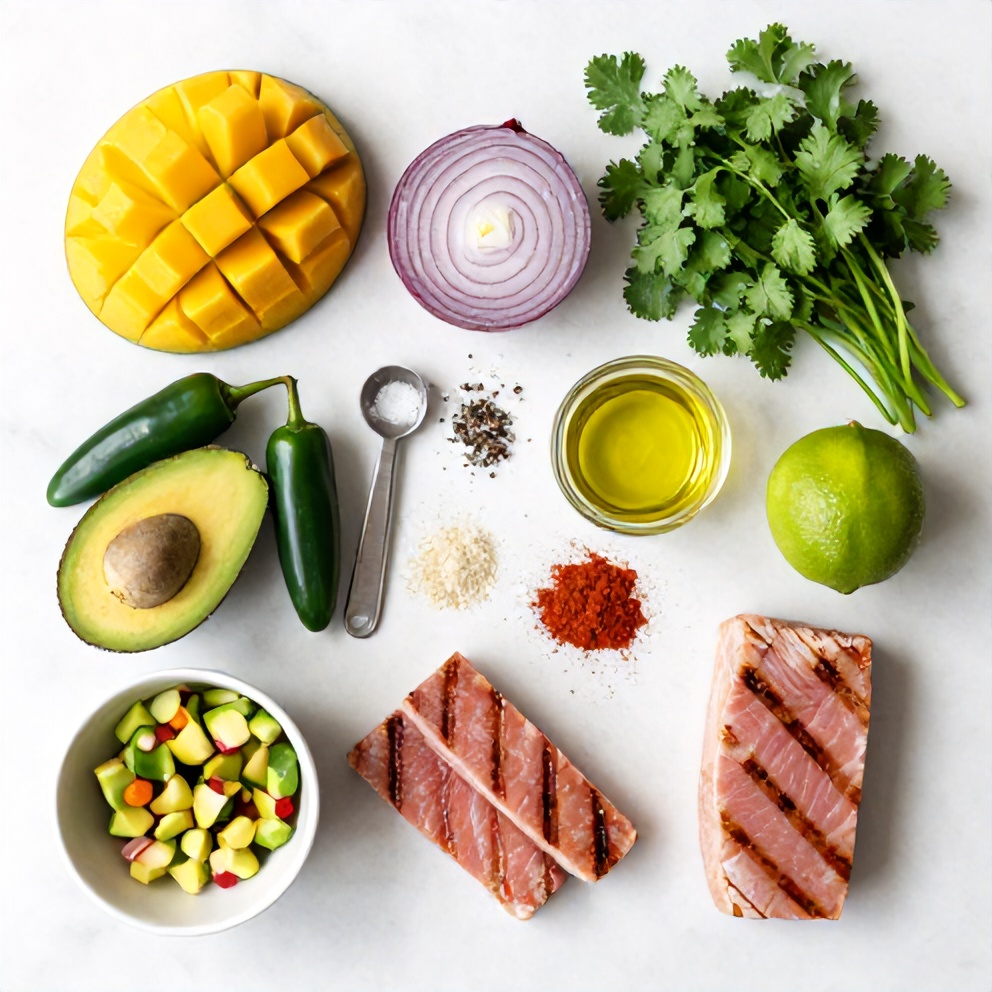 Raw ingredients for grilled tuna steak with mango avocado salsa
