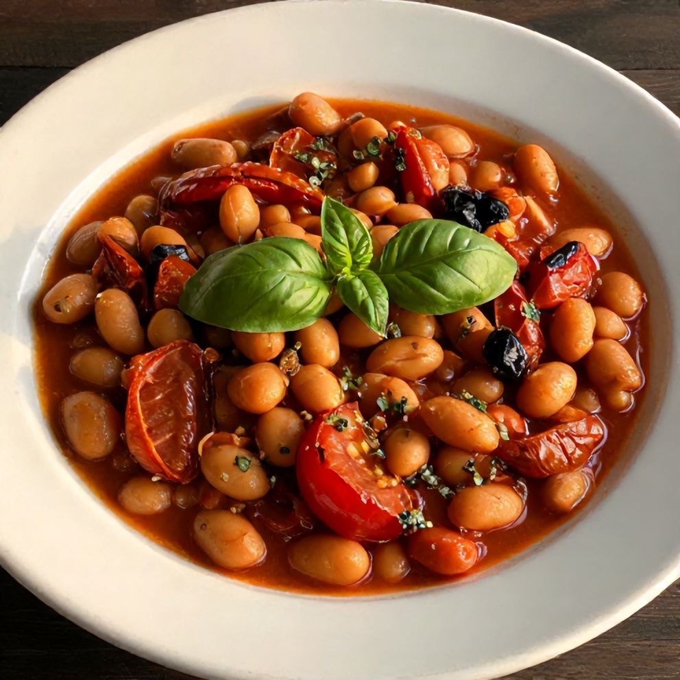 Hearty Roasted Tomato White Bean Stew plated with a sprinkle of fresh basil