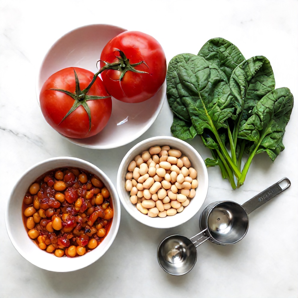 Ingredients for Hearty Roasted Tomato White Bean Stew on a wooden surface