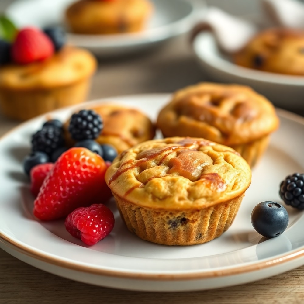 Plated high protein pancake muffins with a side of fresh berries