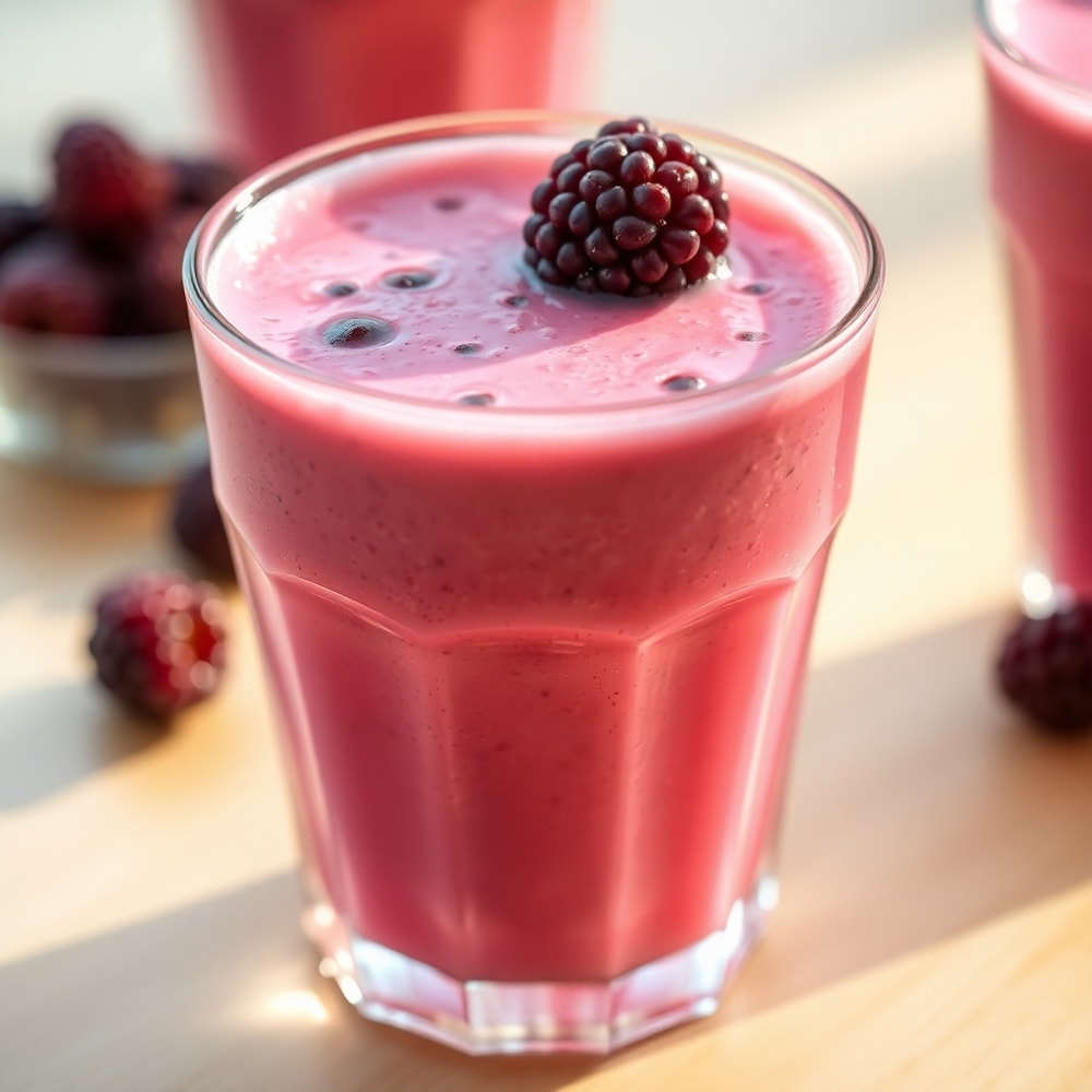 A glass of homemade Blackberry Coconut Pink Drink garnished with a blackberry