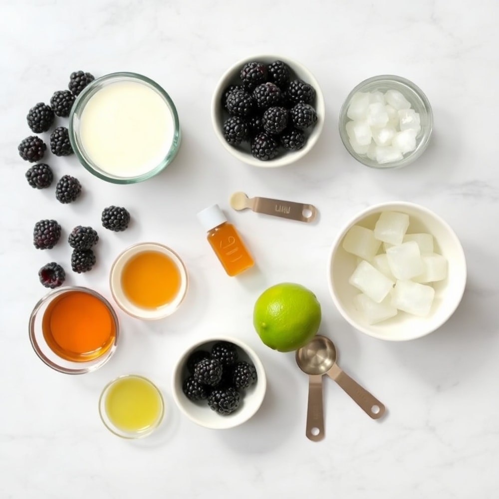 Raw ingredients for Blackberry Coconut Pink Drink arranged on a marble surface
