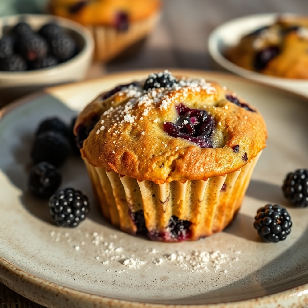 Plated homemade blackberry muffin with a sprinkle of sugar on a rustic plate