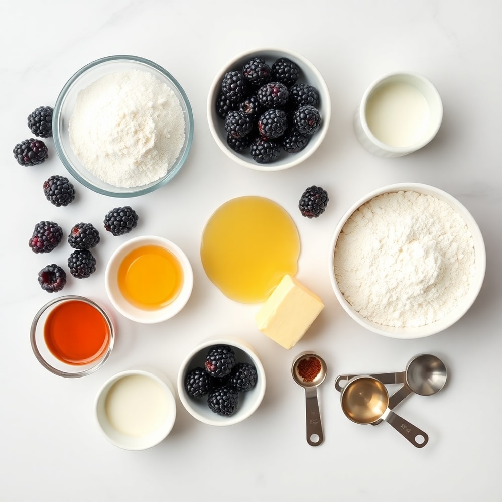 Raw ingredients for homemade blackberry muffins including fresh blackberries, flour, sugar, and butter