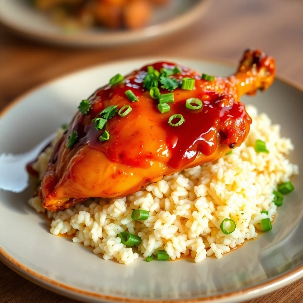 Plated serving of Honey BBQ Chicken and Rice