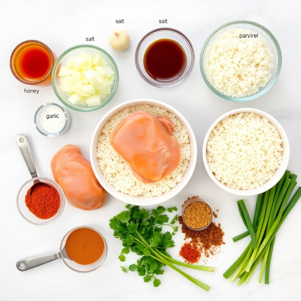 Raw ingredients for Honey BBQ Chicken and Rice arranged in a flat lay