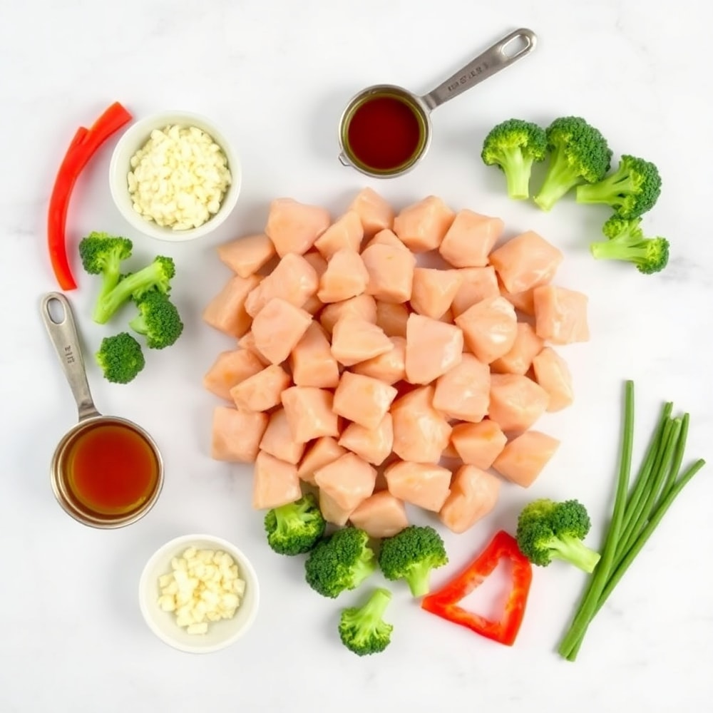 Honey Garlic Chicken Stir Fry ingredients: chicken, broccoli, bell peppers, garlic, honey, soy sauce
