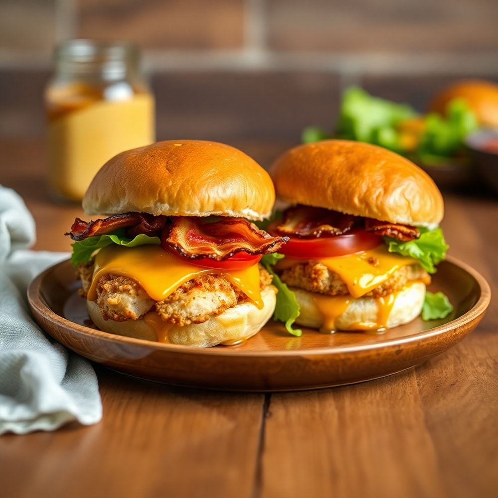 Honey Mustard BLT Chicken Sliders on a plate with a side of fries