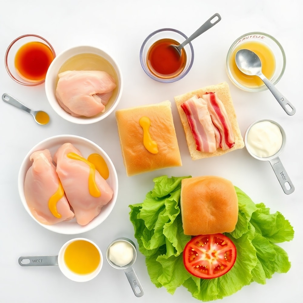 Raw ingredients for Honey Mustard BLT Chicken Sliders on a white marble surface